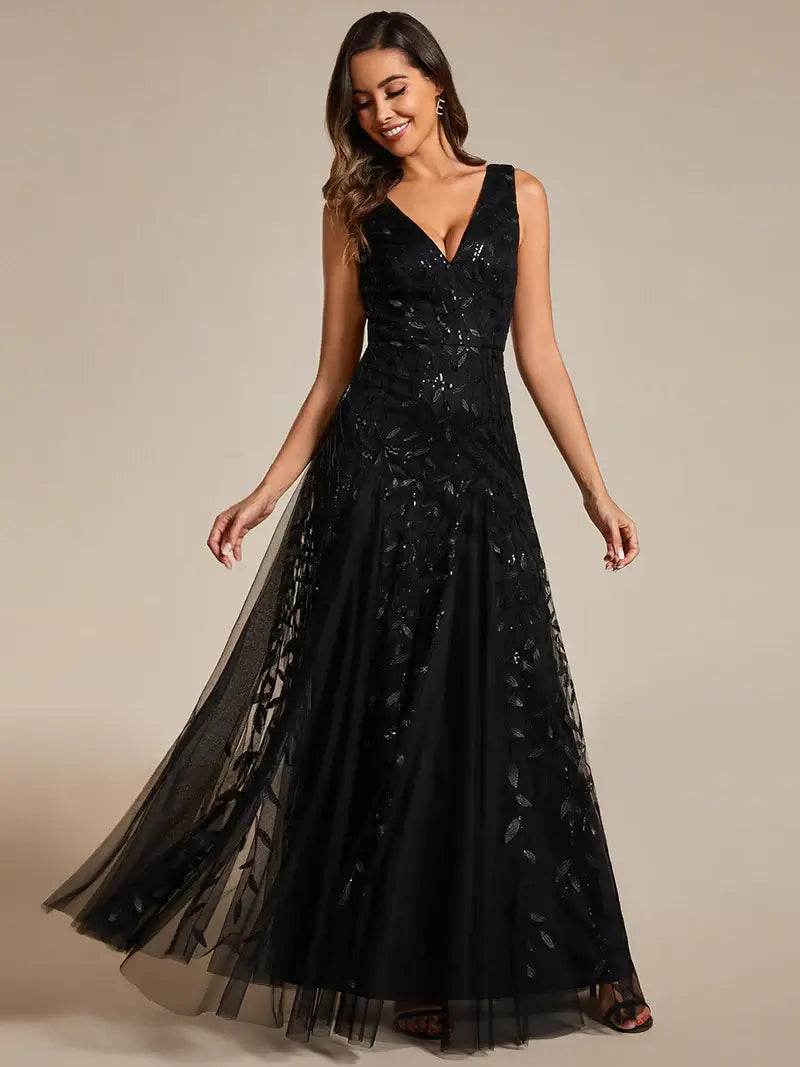 Sequin Evening Dress with V-Neck and Sleeveless Tulle Skirt - Biamonde
